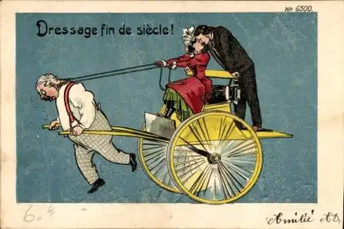 Litho Dressage fin de siecle, Mann zieht Kutsche mit einem Liebespaar