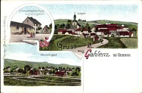 Litho Gahlenz Oederan Sachsen, Materialwaren, Inh. M. Heymann, Schule, Panorama