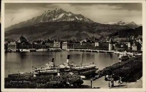 Ak Luzern Stadt Schweiz, Teilansicht mit Pilatus, Dampfer