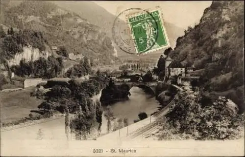 Ak Saint Maurice Kanton Wallis, Blick zur Brücke, Umgebung