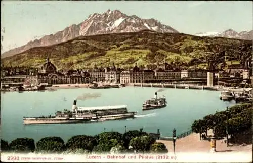 Ak Luzern Stadt Schweiz, Bahnhof und Pilatus, Salondampfer