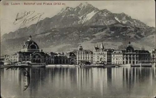 Ak Luzern Stadt Schweiz, Bahnhof und Pilatus