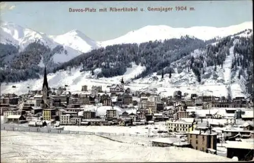 Ak Davos Platz Kanton Graubünden, Panorama mit Albertitobel und Gemsjäger