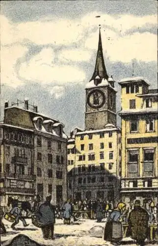 Künstler Ak Zürich Stadt Schweiz, Marktleben, Rathaus