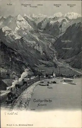 Ak Flüelen Kt. Uri Schweiz, Gotthardbahn, Erstfeld, Dammastock, Leckihorn, Galenstock