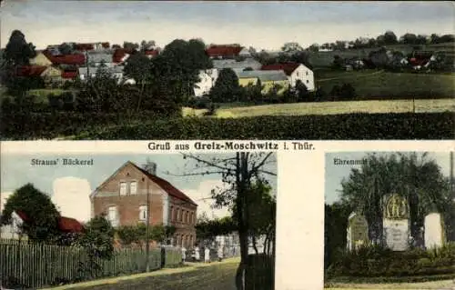 Ak Moschwitz Greiz in Thüringen, Gesamtansicht, Bäckerei Strauss, Ehrenmal