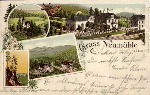 Litho Neumühle an der Elster Greiz in Thüringen, Panorama, Gasthaus, Teilansichten