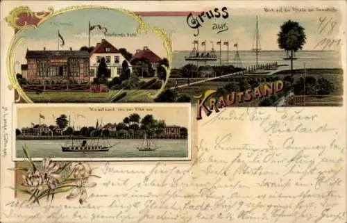 Litho Elbinsel Krautsand Drochtersen im Kreis Stade, Buhrfeind's Hotel, Rhede der Seeschiffe