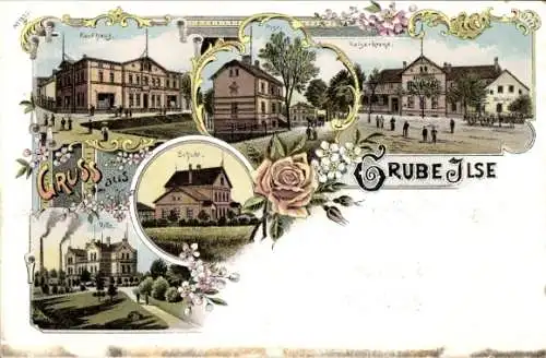 Litho Bückgen Großräschen i.d. Niederlausitz, Grube Ilse, Kaufhaus, Post, Kaiserkrone, Villa, Schule