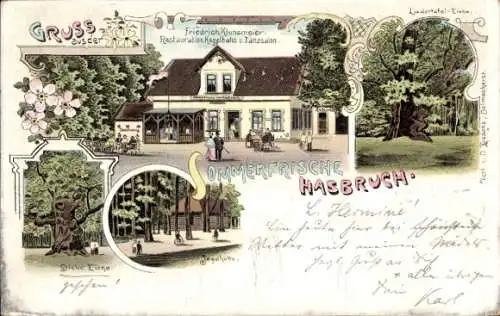 Litho Hude bei Oldenburg, Urwald Hasbruch, Restauration Friedrich Klunsmeier, Jagdhütte