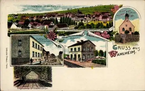 Litho Wahlheim in Rheinhessen, Gesamtansicht, Bahnhof, Ev. Kirche, Blickenbrunnen, Dorfstr., Schule