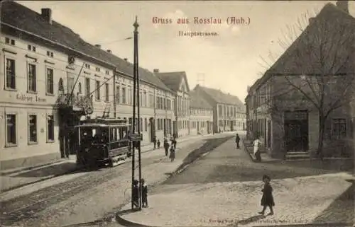 Ak Roßlau an der Elbe Anhalt, Hauptstraße, Gasthaus Goldener Löwe, Straßenbahn