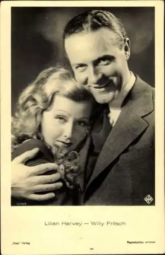 Ak Schauspielerin Lilian Harvey, Schauspieler Willy Fritsch, Portrait, Ufa Film