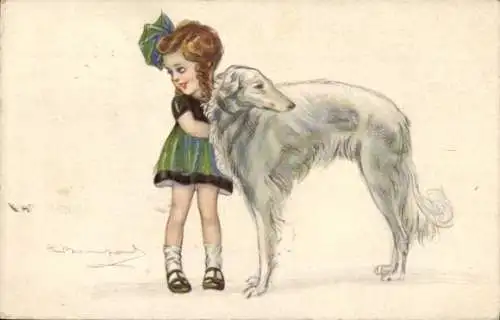 Künstler Ak Mädchen mit einem Windhund