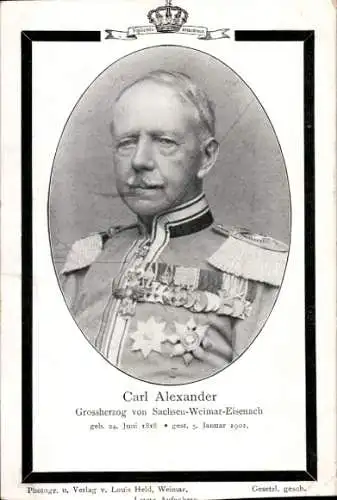 Ak Großherzog Carl Alexander von Sachsen-Weimar-Eisenach, Portrait in Uniform, Orden, Trauerkarte