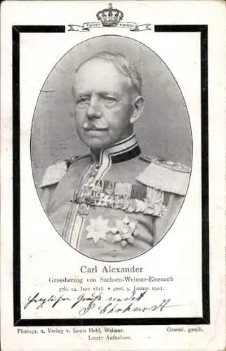 Ak Großherzog Carl Alexander von Sachsen-Weimar-Eisenach, Portrait in Uniform, Orden, Trauerkarte