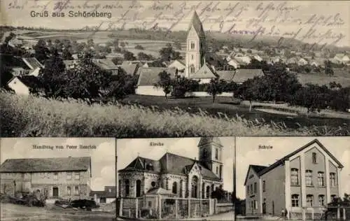 Ak Schöneberg im Hunsrück, Gesamtansicht, Kirche, Schule, Geschäft von Peter Heinrich