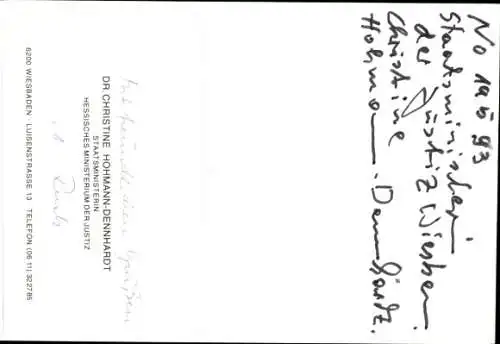 Ak Politikerin Christine Hohmann-Dennhardt, SPD, Portrait, Autogramm