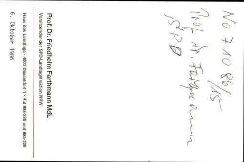 Ak Politiker Friedhelm Farthmann, Portrait, SPD, Autogramm