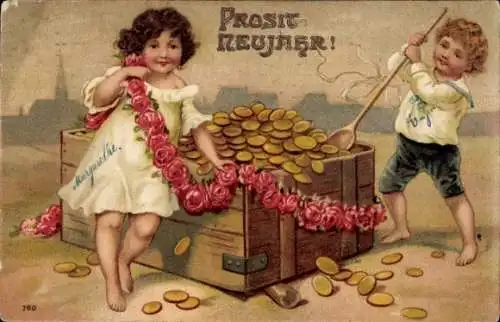 Ak Glückwunsch Neujahr, Geld, Münzen, Kinder, Rosen