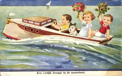 Künstler Ak Wills, John, Kinder im Motorboot, Blumensträuße, Hund