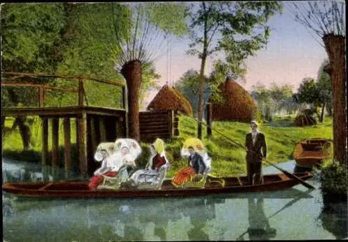 Ak Spreewald, Spreewälder Frauen in Tracht, Kahn, Sonntagsausflug