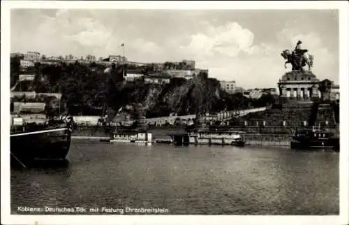 Ak Koblenz am Rhein, Deutsches Eck, Festung Ehrenbreitstein, Denkmal Kaiser Wilhelm I.