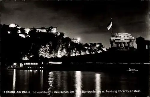 Ak Koblenz am Rhein, Beleuchtung bei Nacht, Deutsches Eck, Bundesfahne, Festung Ehrenbreitstein