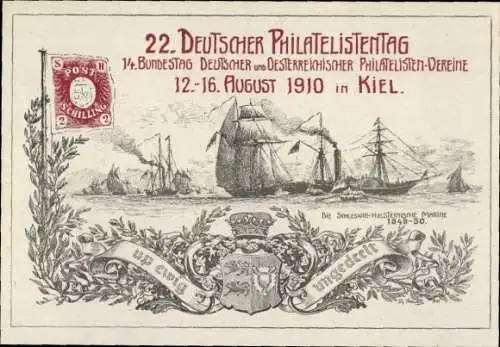Ak Kiel, Schleswig-Holsteinische Marine 1848-50, 22. Deutscher Philatelistentag 1910