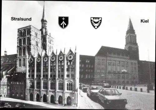 Ak Kiel, Städtepartnerschaft Kiel-Stralsund, Rathaus Stralsund, Rathaus Kiel, Rathausturm