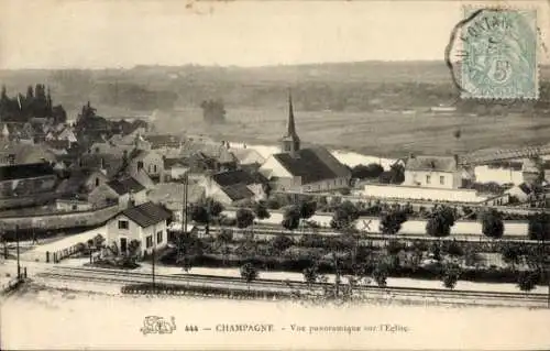 Ak Champagne sur Seine Seine et Marne, Panorama, Kirche