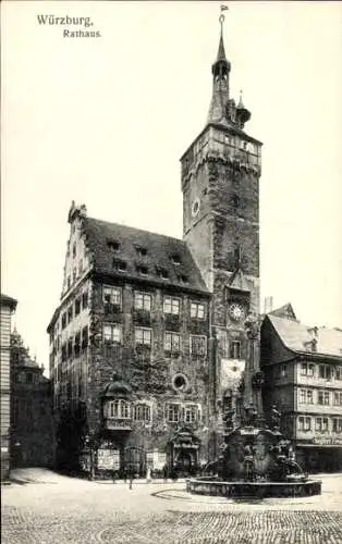 Ak Würzburg am Main Unterfranken, Rathaus, Brunnen