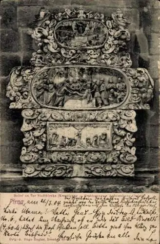 Ak Pirna an der Elbe, Relief an der Stadtkirche
