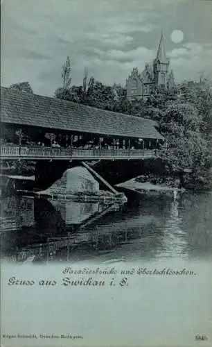 Ak Zwickau in Sachsen, Paradiesbrücke, Ebertschlösschen, Nacht