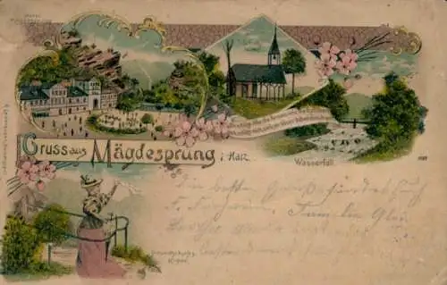 Litho Mägdesprung Harzgerode am Harz, Hotel, Schutzhütte, Wasserfall, Freundschaftsklippe