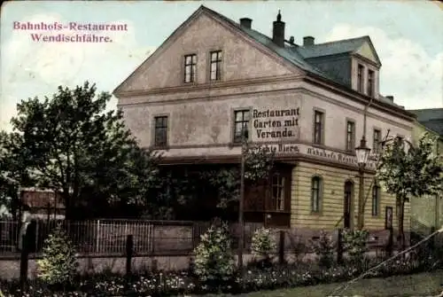 Ak Wendischfähre an der Elbe Rathmannsdorf Sachsen, Bahnhofs-Restaurant