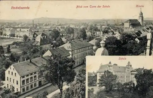 Ak Bischofswerda, Blick vom Turm der Schule, Kirche, Schule