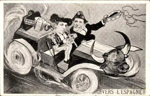 Ak König Alfons XIII von Spanien und Emile Loubet im Automobil, Karikatur