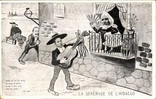 Künstler Ak La Serenade de l'Hidalgo, Alfons XIII, Emile Loubet, Karikatur