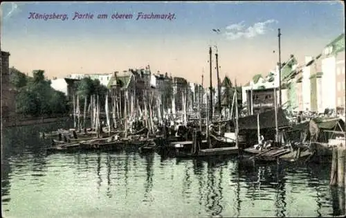 Ak Kaliningrad Königsberg Ostpreußen, Partie am oberen Fischmarkt, Boote