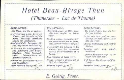 Ak Thun Kanton Bern Schweiz, Hotel Beau Rivage am Thunersee