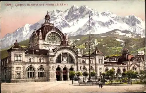 Ak Lucerne Luzern Stadt Schweiz, Bahnhof und Pilatus