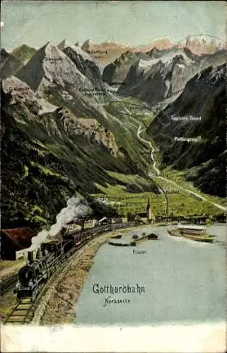 Ak Flüelen Kt. Uri Schweiz, Gotthardbahn, Erstfeld, Dammastock, Leckihorn, Galenstock