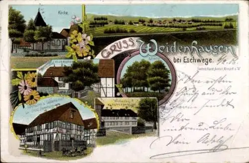 Litho Weidenhausen am Meißner Hessen, Kirche, Bierbrauerei, Gastwirtschaft