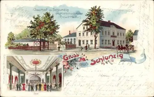 Litho Schlunzig Zwickau in Sachsen, Gasthof zu Schlunzig, Klatschschänke, Saal