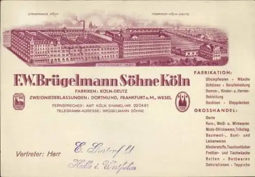 Ak Deutz Köln am Rhein, Fabrik F. W. Brügelmann Söhne, Besuchsanzeige