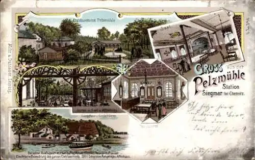 Litho Siegmar Chemnitz, Pelzmühle, Konditorei, Saal, Dampfboot, Garten, Affenhaus