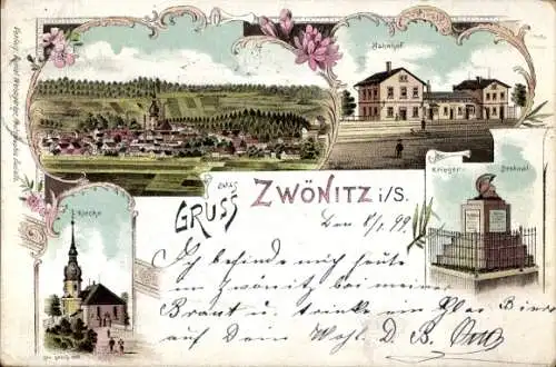 Litho Zwönitz im Erzgebirge Sachsen, Panorama, Bahnhof, Kirche, Kriegerdenkmal