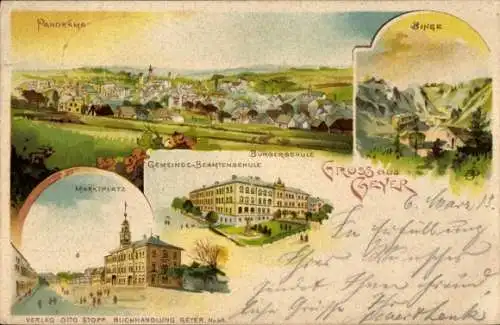 Litho Geyer im Erzgebirge Sachsen, Marktplatz, Gemeinde Beamtenschule, Bürgerschule, Binge, Totale