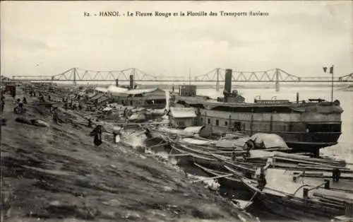 Ak Hanoi Tonkin Vietnam, der Rote Fluss und die Flusstransportflotte